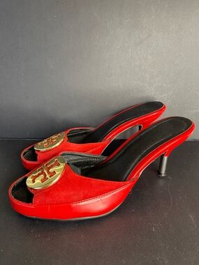 Tory Burch Suede and Leather Peep Toed Mules Size 10